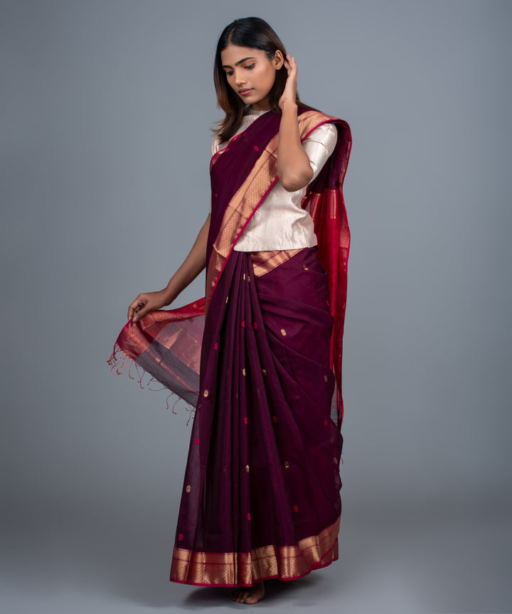 Maroon pink handwoven maheshwari cotton silk saree