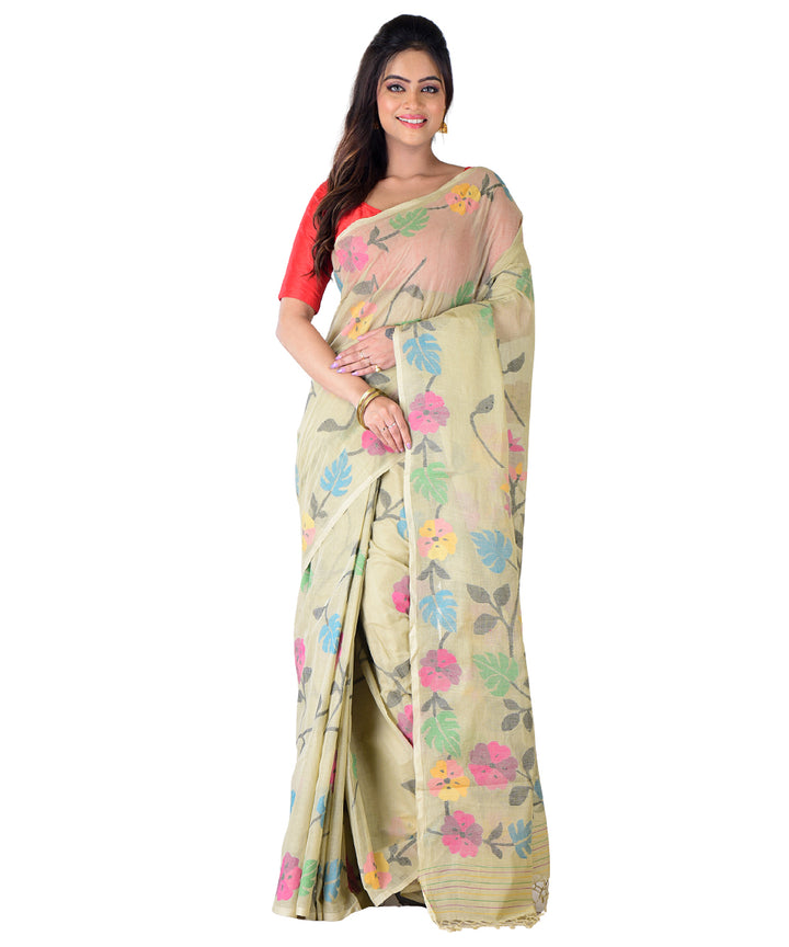 Beige multicolor hand woven cotton saree