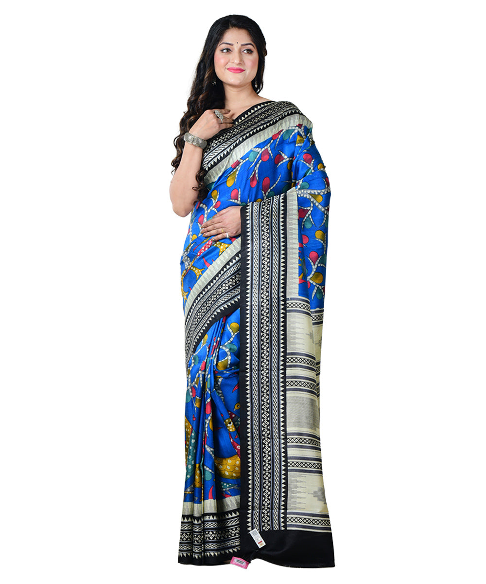 Navy blue Black block print handprinted silk saree