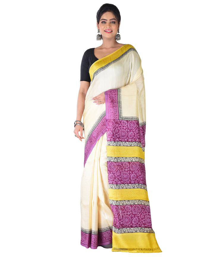 White violet hand printed silk saree