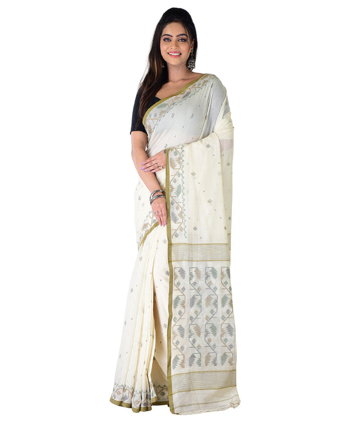 White light green handwoven cotton saree