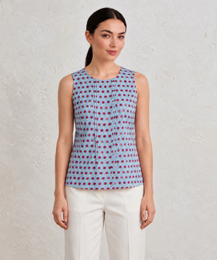 Aqua blue hand block printed cotton sleeveless top