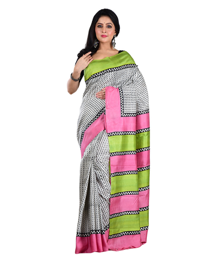 White multicolor silk hand printed saree