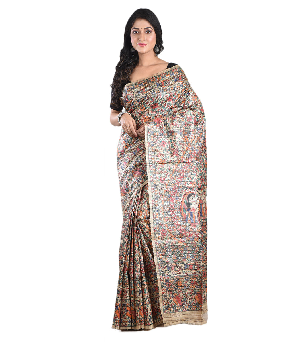 Multicolor beige handloom tussar silk madhubani painting saree