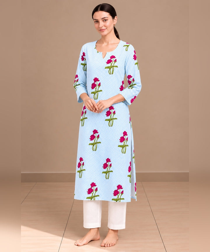 Aqua blue red lotus hand block printed pure cotton kurti