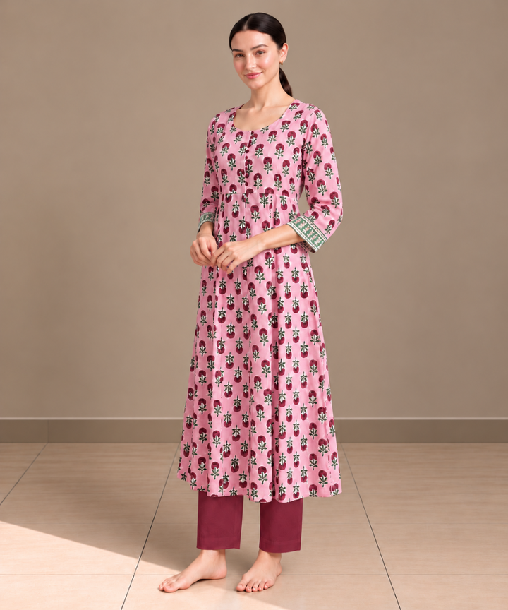Peach and marron hand block printed Anarkali cotton Kurta set
