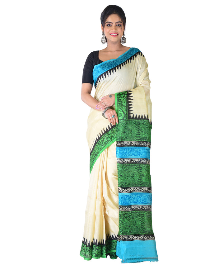 White dark green hand printed silk saree