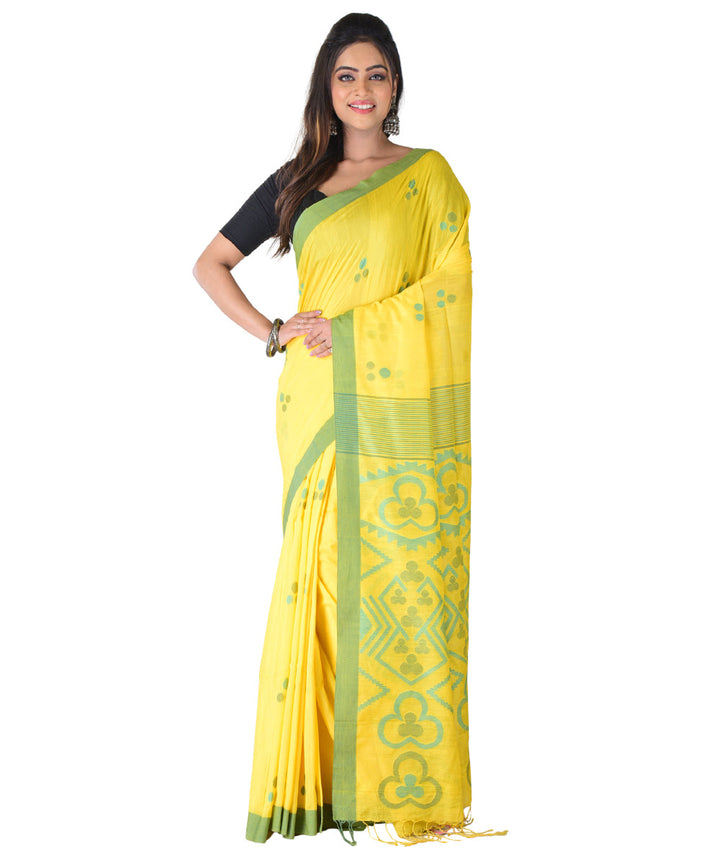 Light yellow violet handwoven cotton silk saree