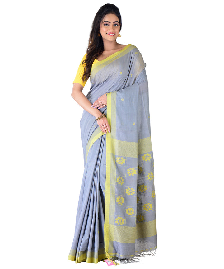 Grey yellow handwoven cotton silk saree