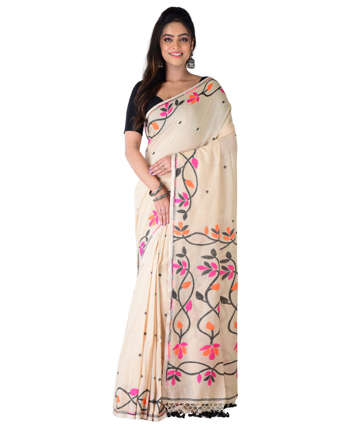 Beige multicolor handwoven cotton saree