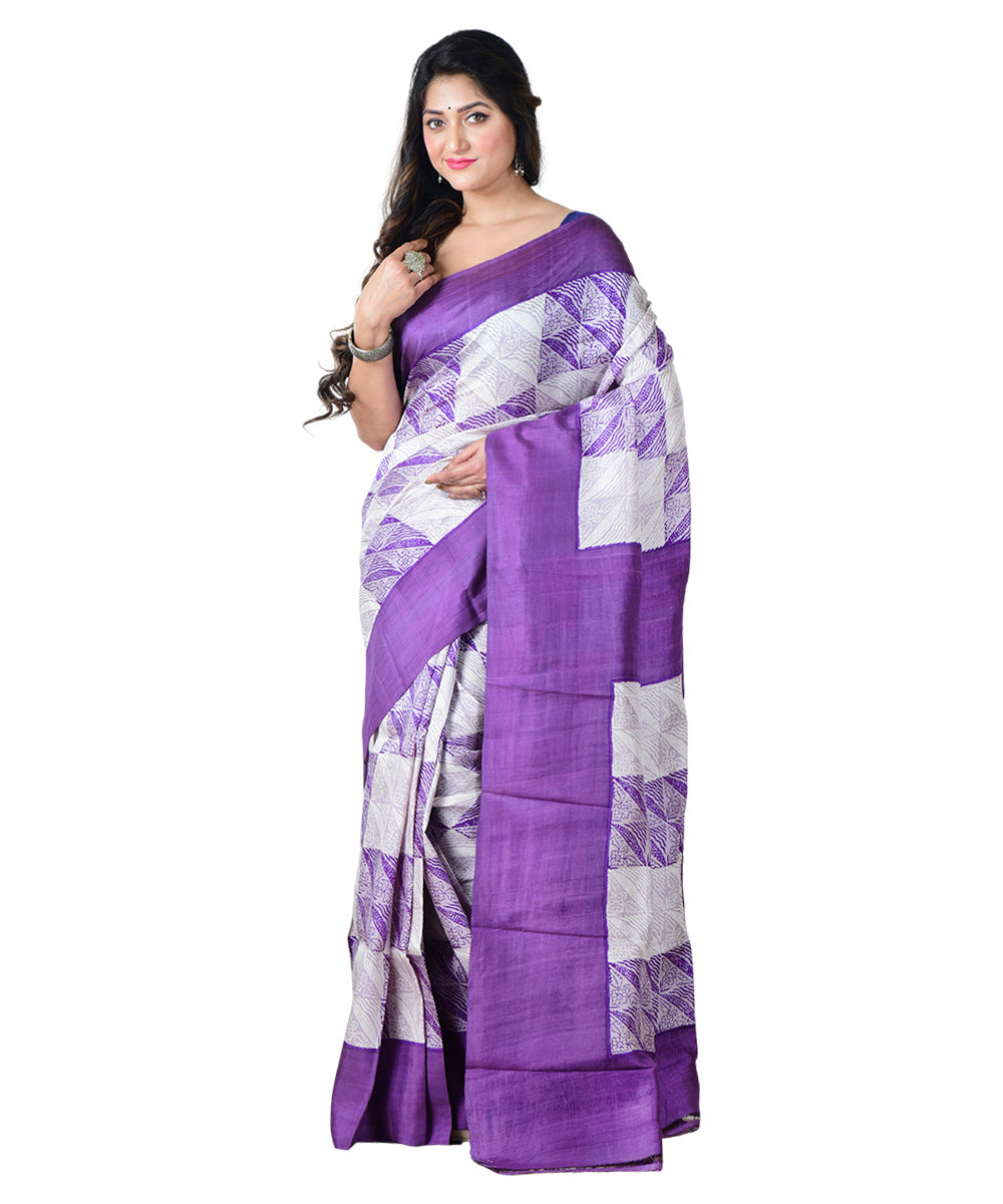 Purple purple block print handprinted silk saree