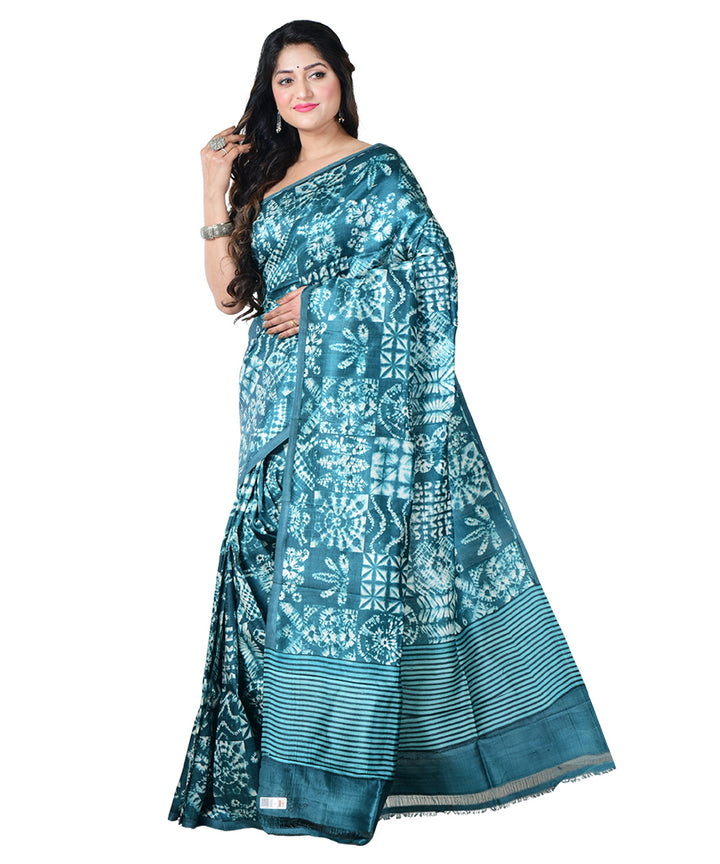 Cyan blue white block print handprinted silk saree