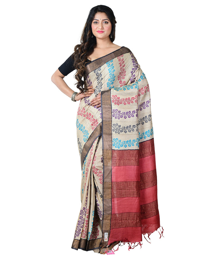 Beige multicolor block print handprinted tussar silk saree