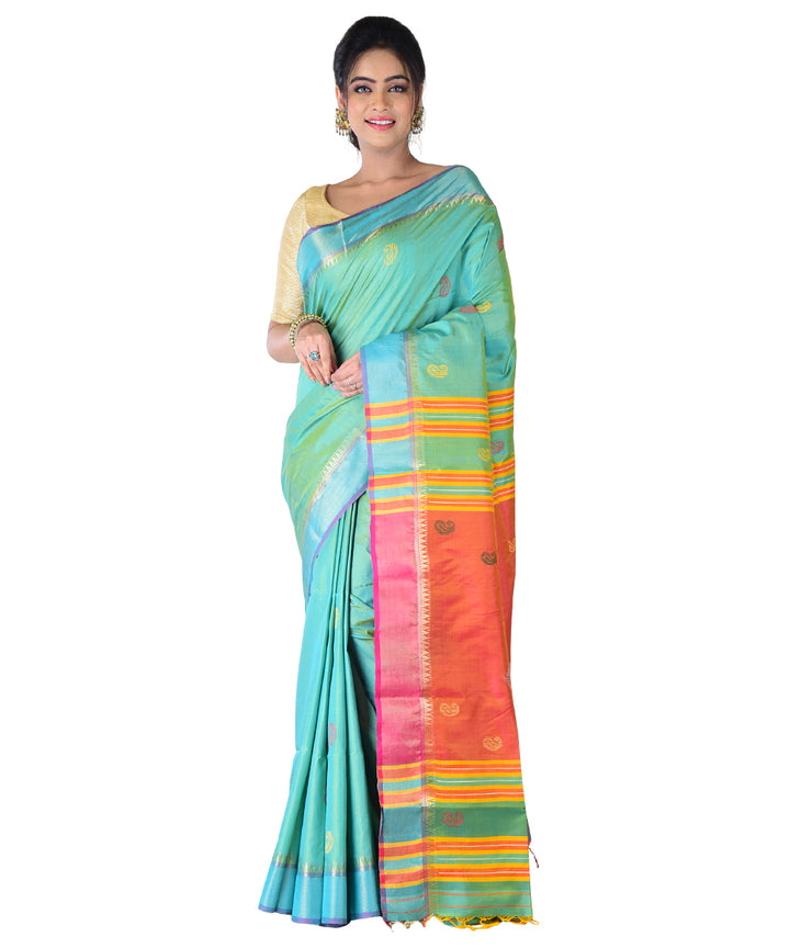 Light green red handwoven silk saree