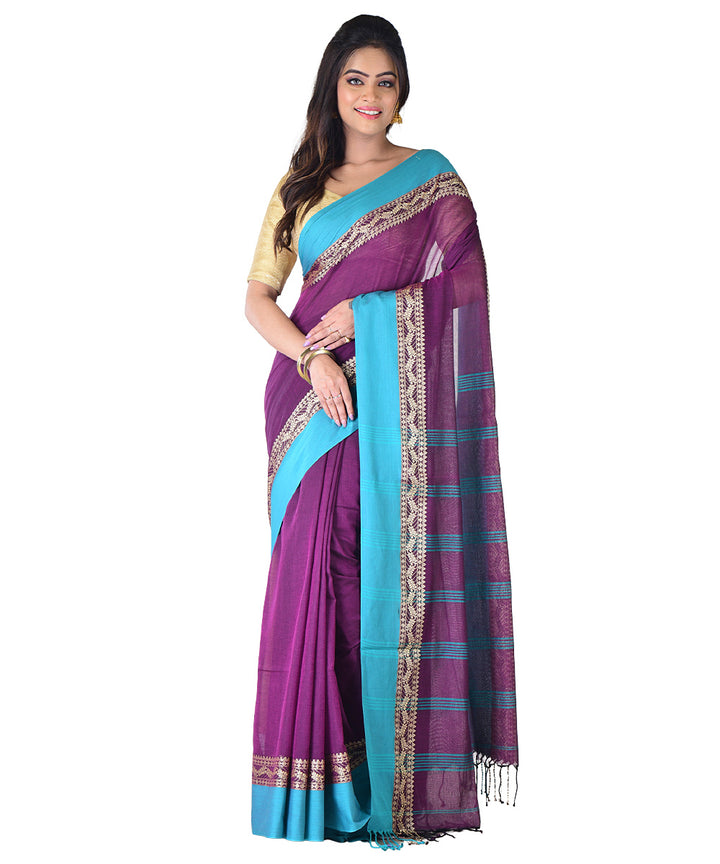 Purple cyan blue handwoven cotton saree