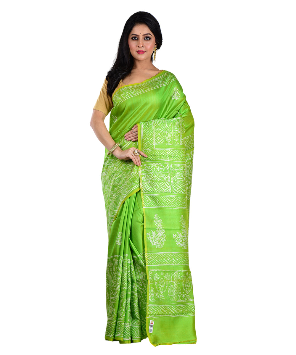 Light green hand printed silk saree