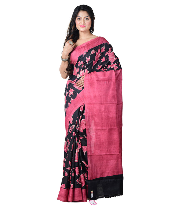 Black pink block print handprinted tussar silk saree