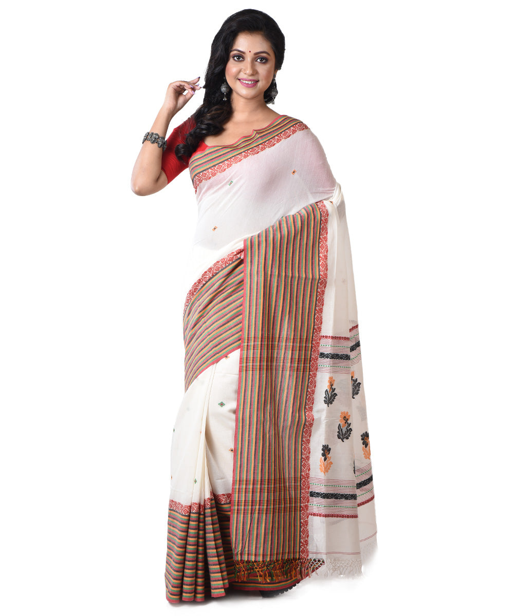 White multicolor handloom cotton saree