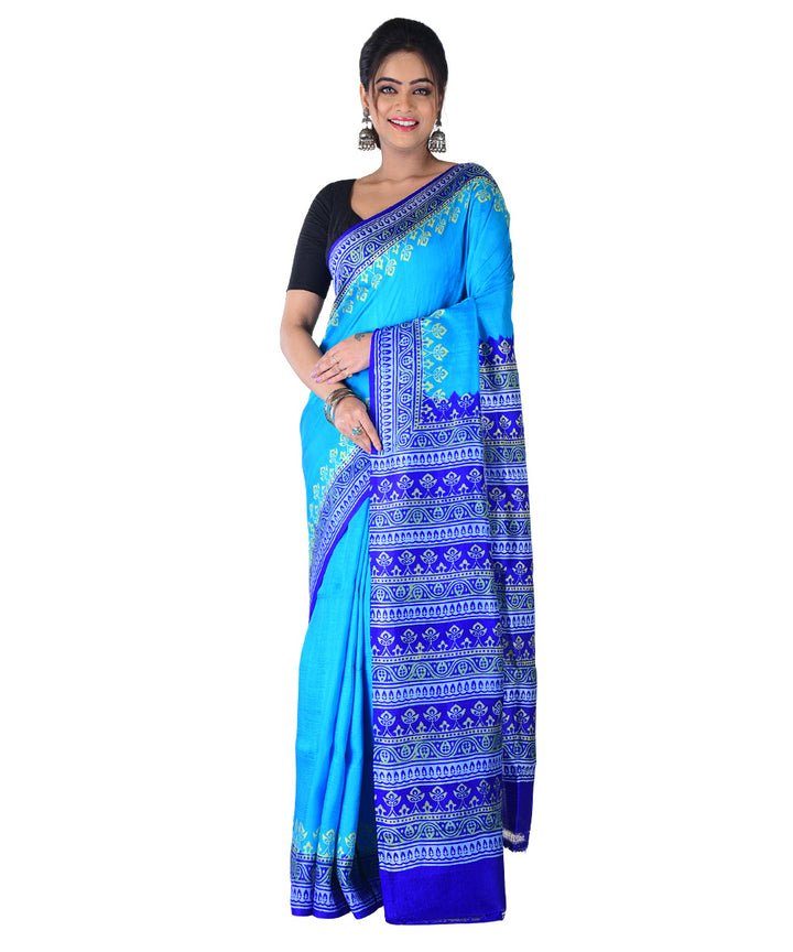 Cyan blue navy blue hand printed silk saree