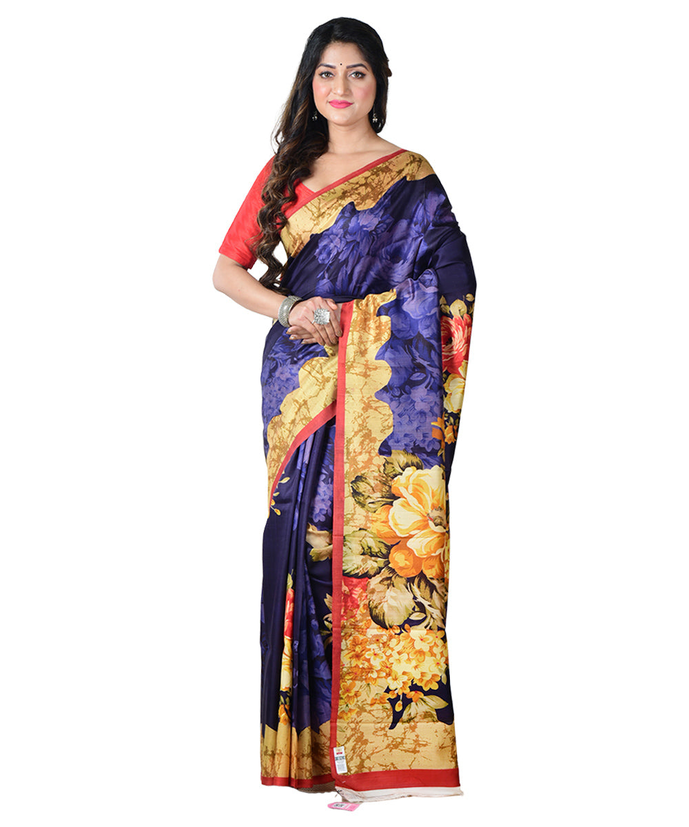 Navy blue multicolor block print handprinted silk saree