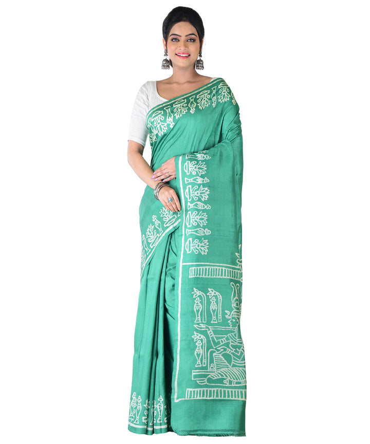 Light green offwhite hand printed silk saree