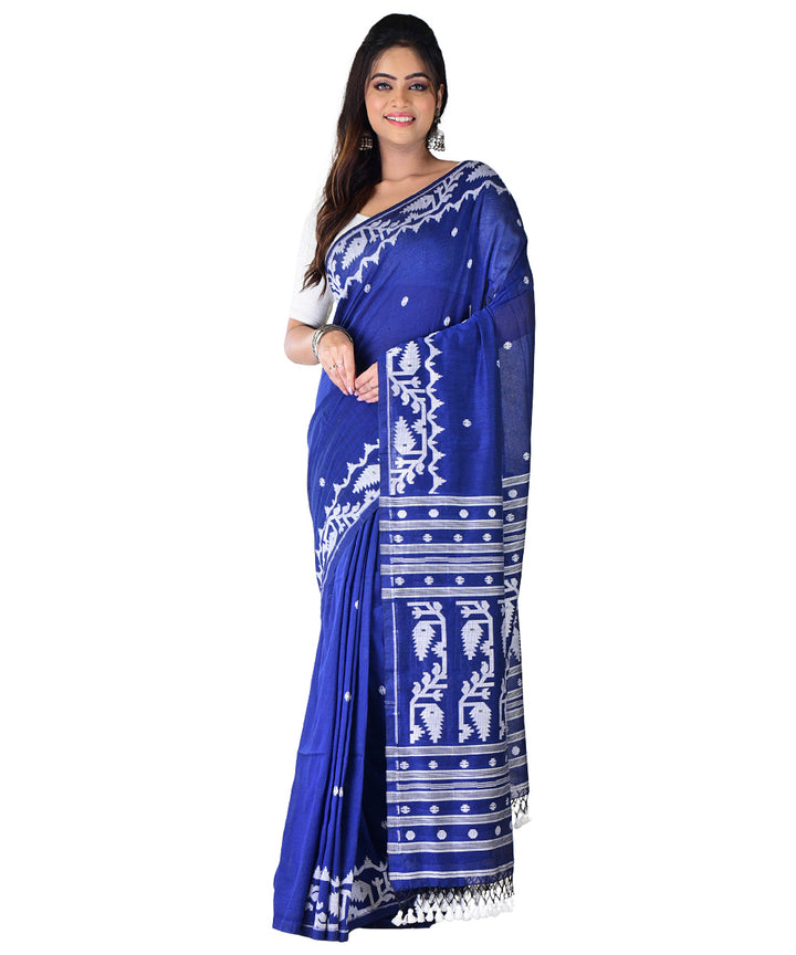 Navy blue white handwoven cotton saree