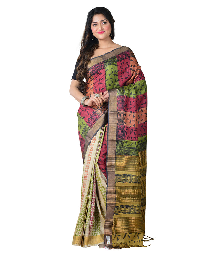 Multicolor beige block print handprinted tussar silk saree