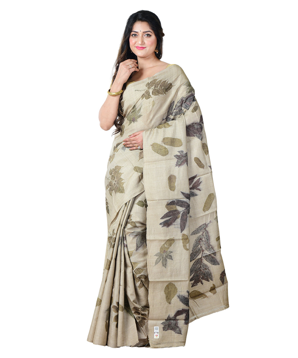 Beige grey  handprinted tussar silk saree