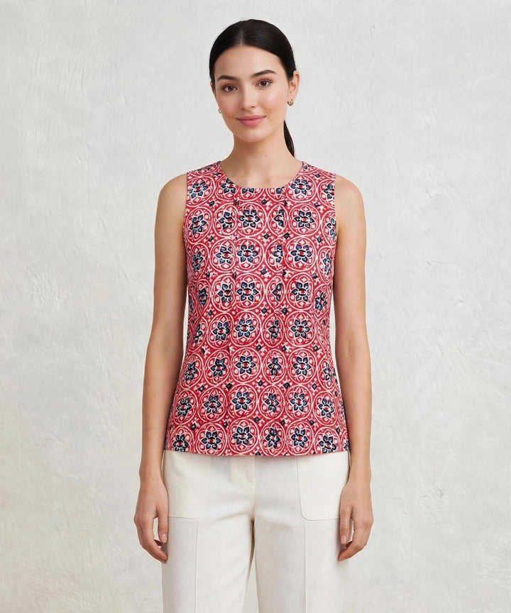 Red blue hand block printed cotton sleevless top