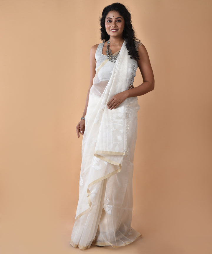 White silk handwoven jamdani saree