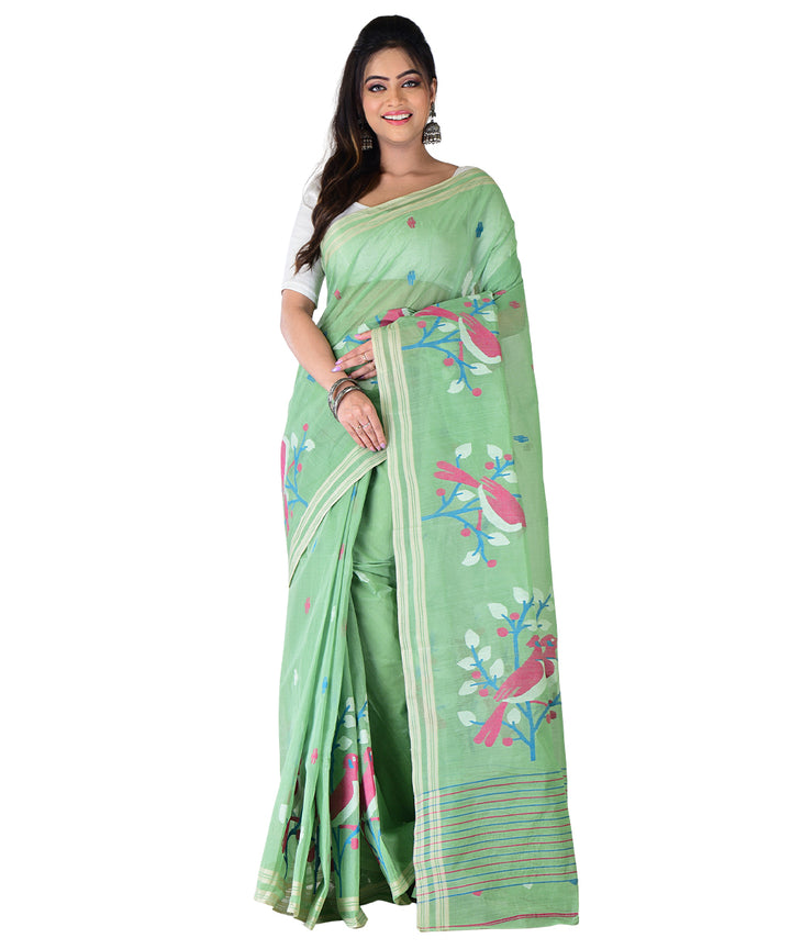 Light green multicolor handwoven cotton saree