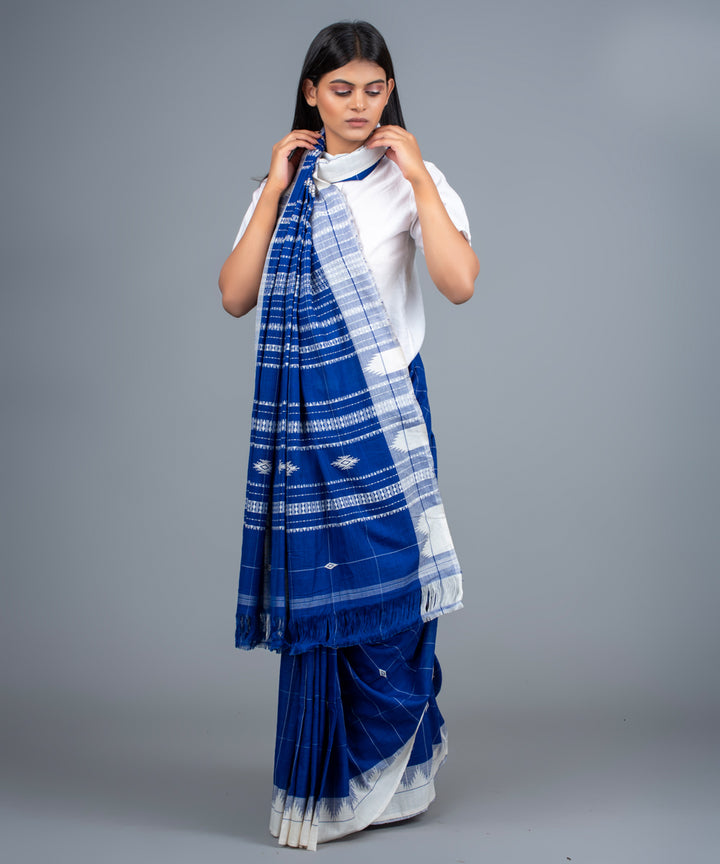 Blue white handwoven cotton kotpad saree