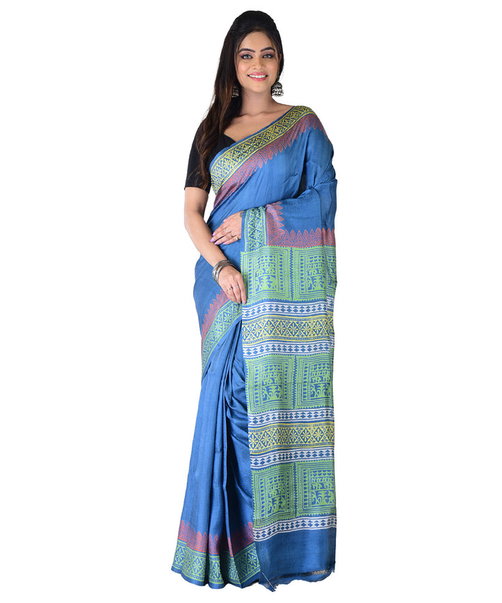 Cyan blue multicolor hand printed silk saree