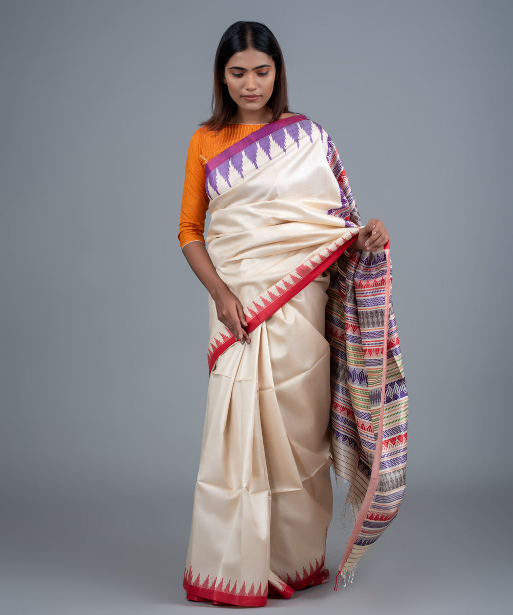 Cream handwoven gopalpur jala border tussar saree – GoSwadeshi