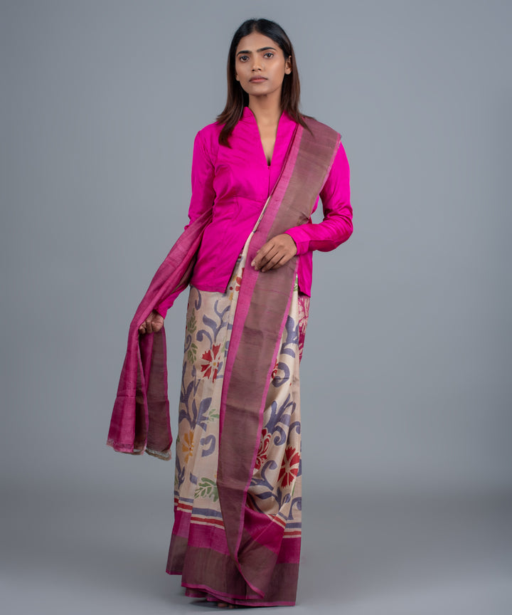 Purple mulberry silk hand painted batik saree