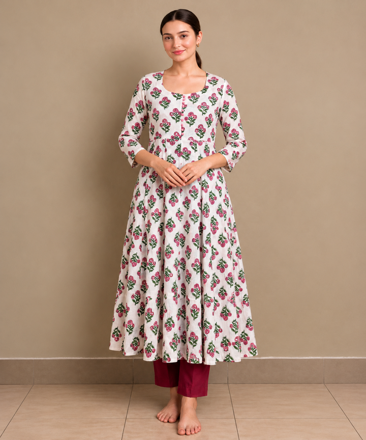 Pink white hand block printed Anarkali cotton Kurta set