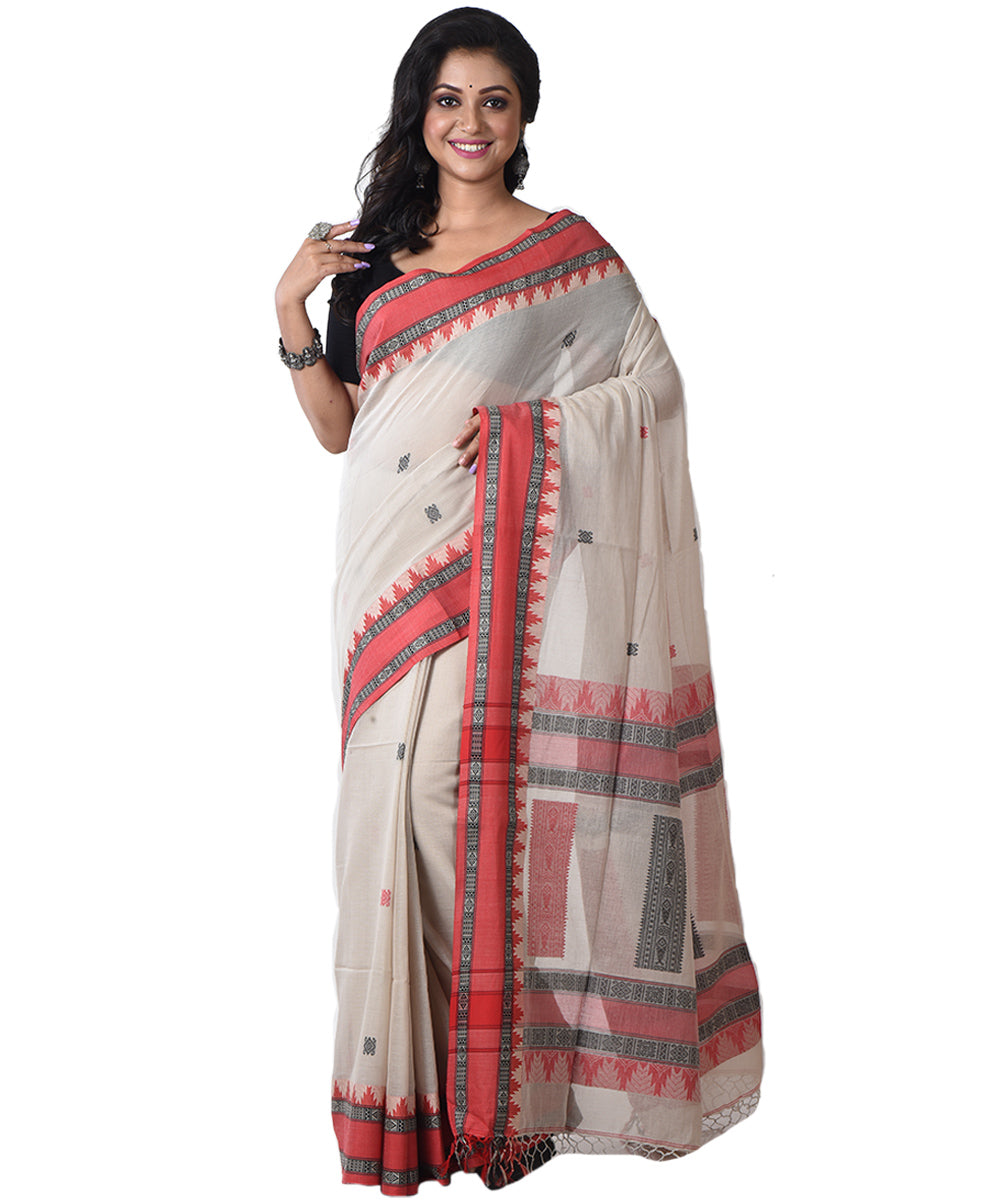Beige red handloom cotton shantipuri saree