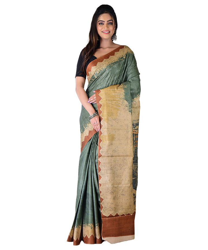 Light green multicolor hand printed tussar silk saree