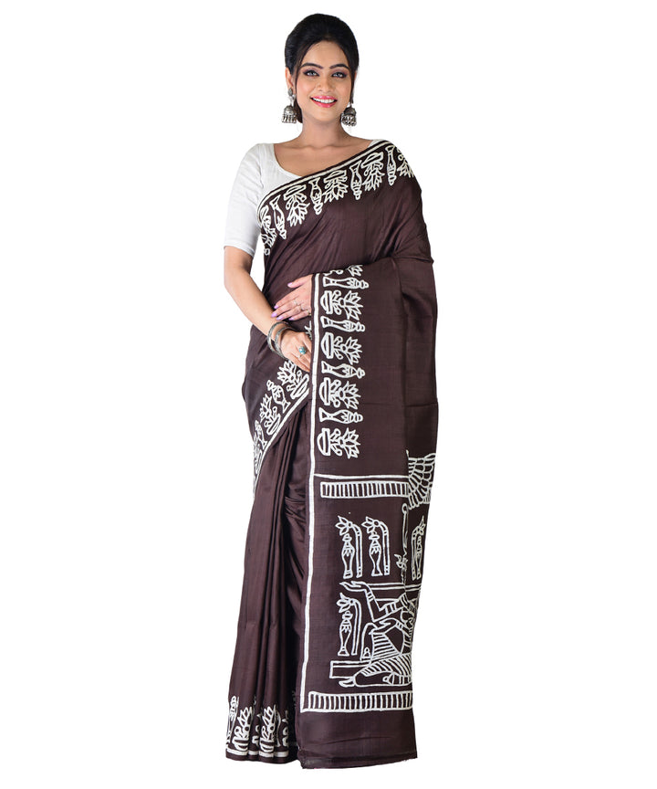 Black white hand printed silk saree