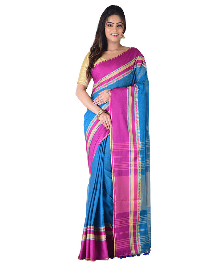 Cyan blue violet handwoven cotton saree