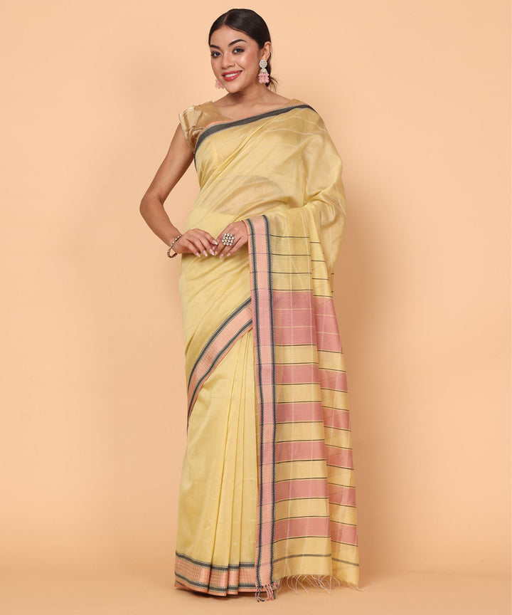 Gold black cotton silk handloom maheshwari saree