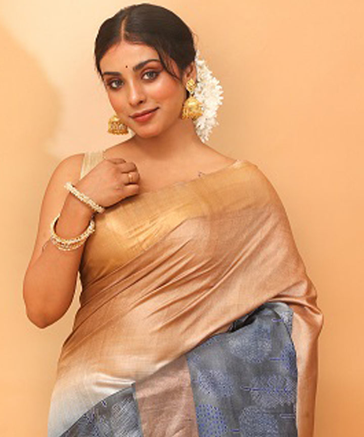 Grey yellow chhattisgarh handloom tussar silk saree