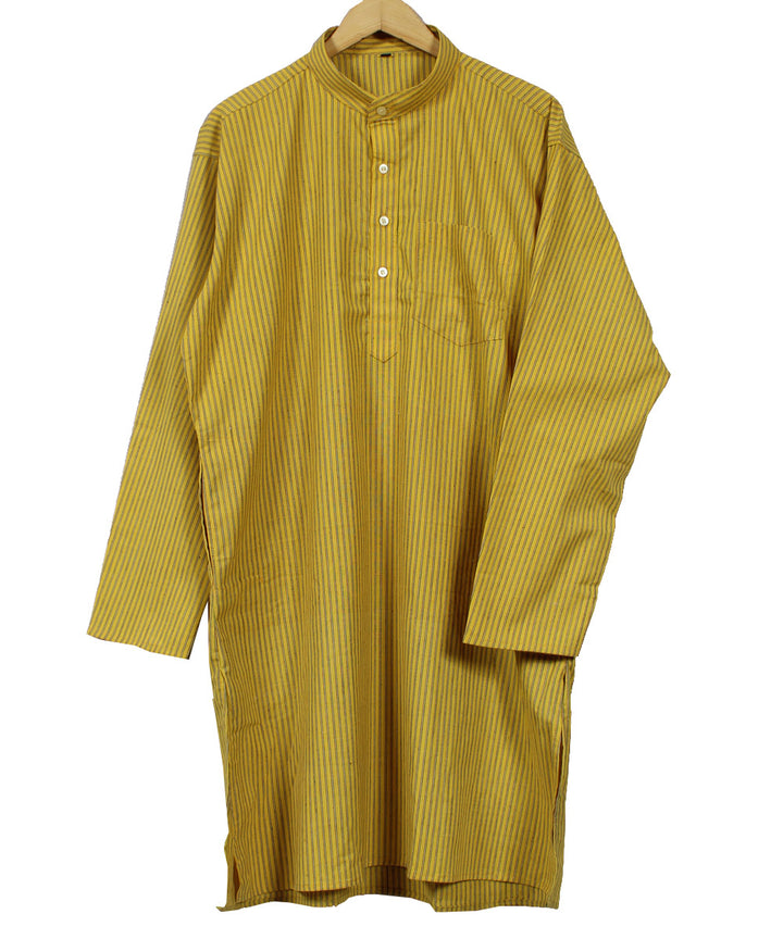 Yellow handwoven khadi cotton stripes long kurta