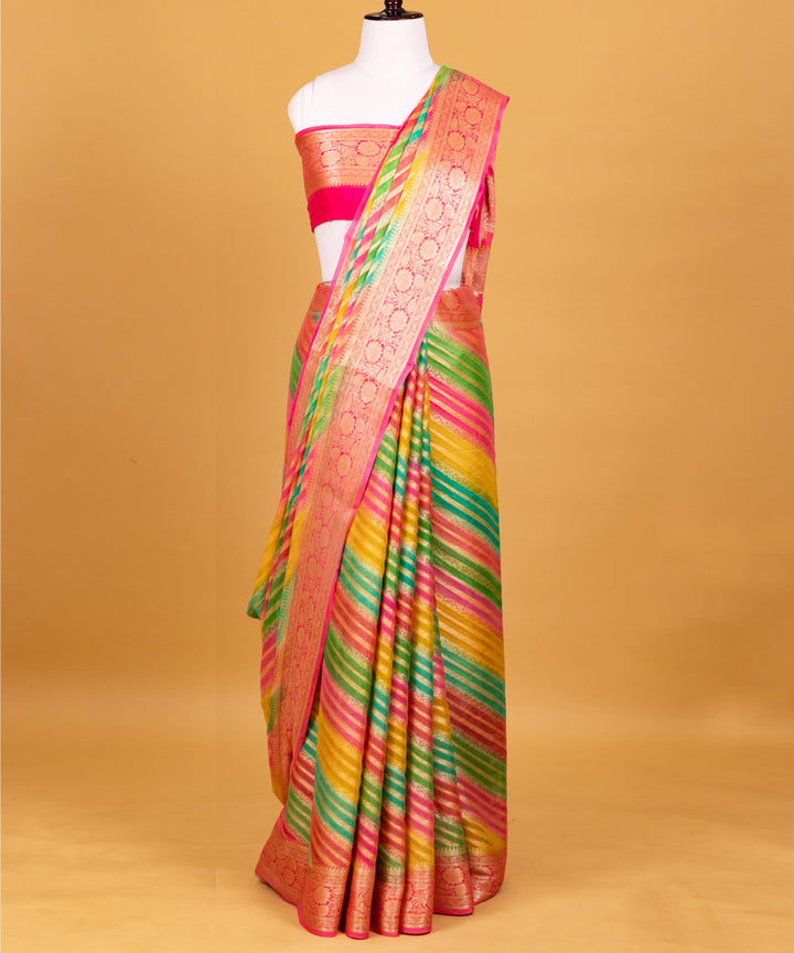 Pink diagonal stripe silk handwoven banarasi saree