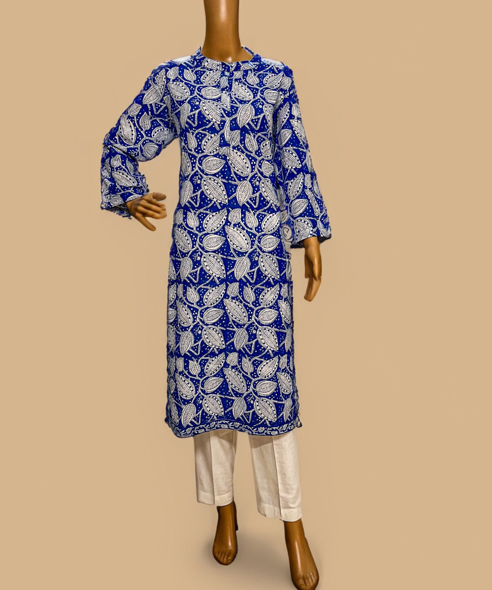 Blue handblock printed cotton long kurti