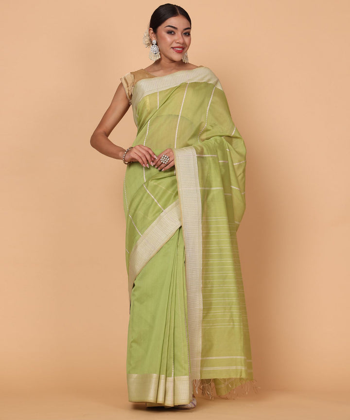 Olive green green cotton silk handloom maheshwari saree