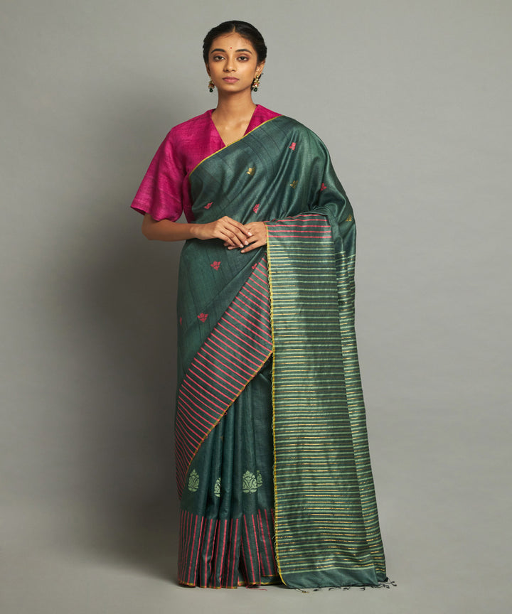 Dark green tussar silk handwoven chhattisgarh kosa saree