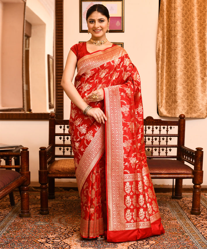 Red silver silk handwoven banarasi saree