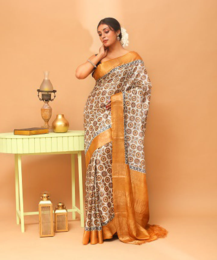 Mustard white chhattisgarh handloom tussar silk saree