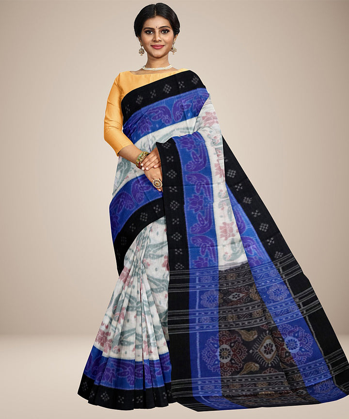 White black flower design cotton handwoven nuapatna saree